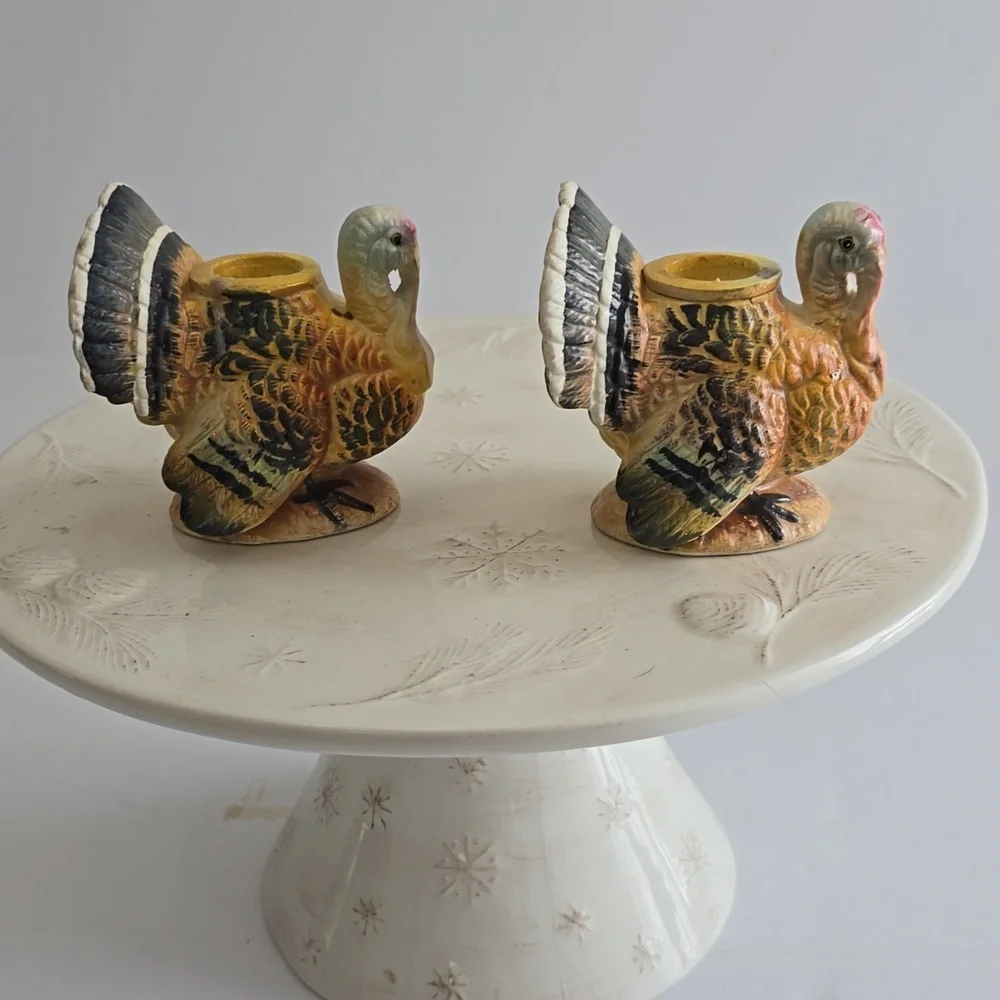 Vintage Napcoware Set Of 2 Turkey Handpainted  Ceramic Candleholders